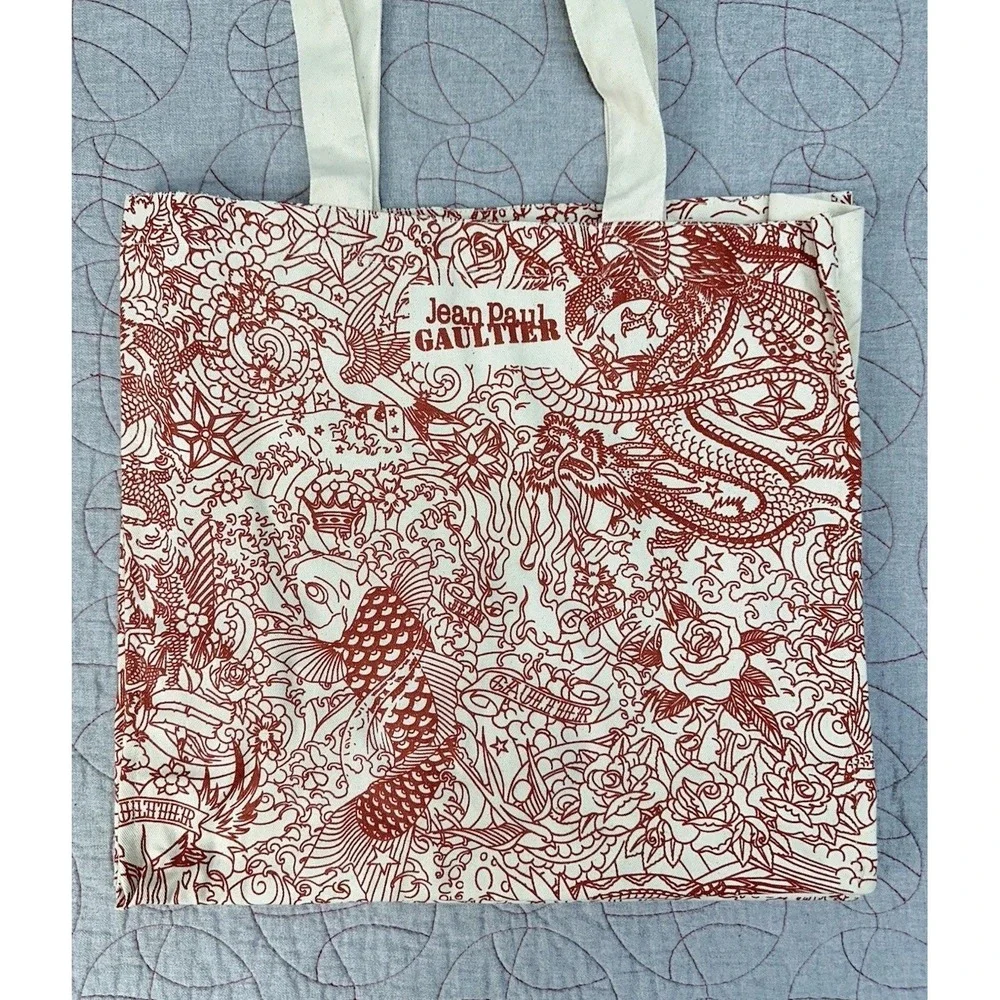 Jean Paul Gaultier Tattoo Tote Bag Red Beige Canvas Dragon Fish / Women's Medium
